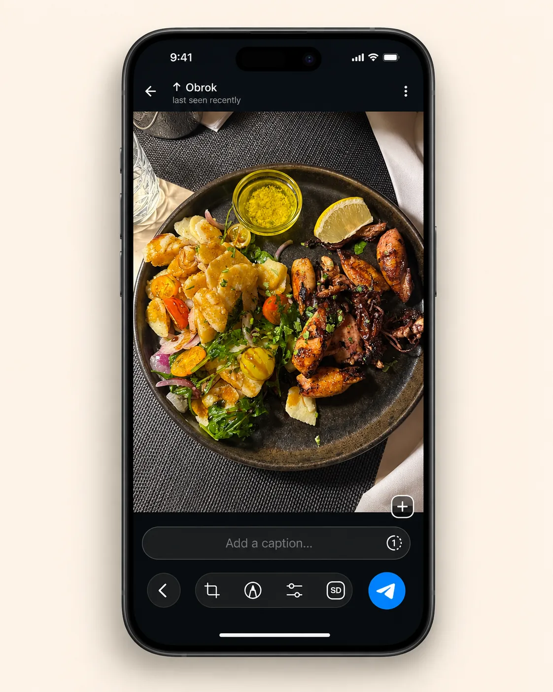 Sending a meal photo to Obrok in Telegram, ready to send with a caption